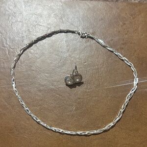 Sterling Silver Braided Necklace with Clear Crystal Stud Earrings